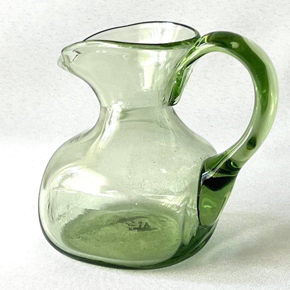Vintage Hand-Blown Green Pitcher Short Creamer Applied Handle Art Glass Jug